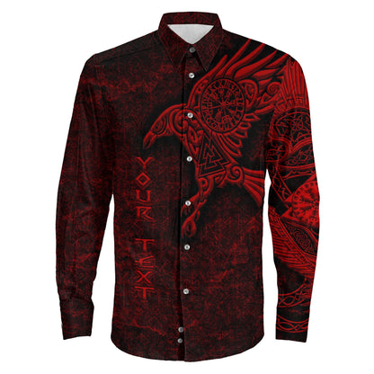 Raven Vegvisir Red Custum Viking Long Sleeve Button Shirt