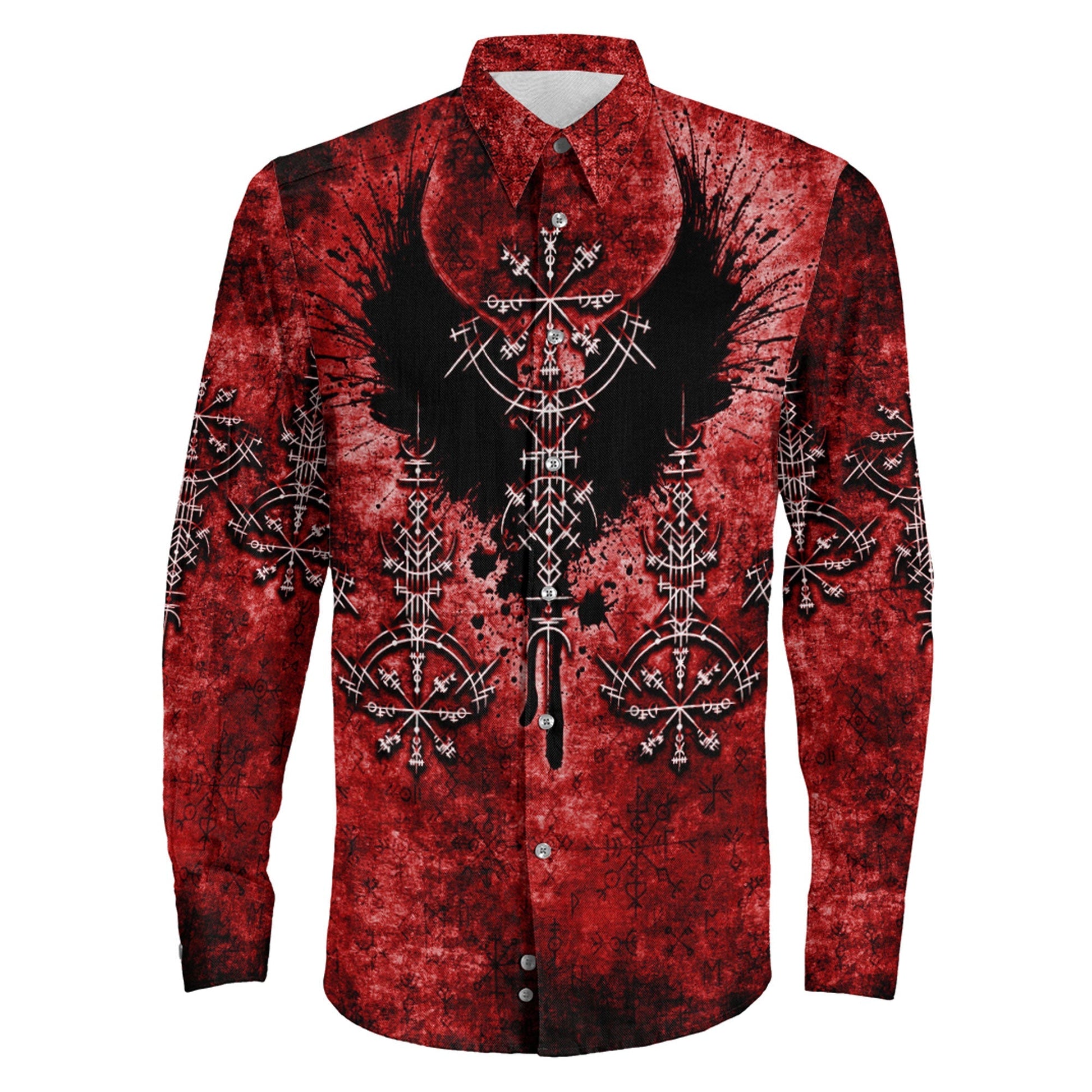 Bird Wing Viking Symbol Red Long Sleeve Button Shirt