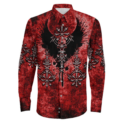 Bird Wing Viking Symbol Red Long Sleeve Button Shirt
