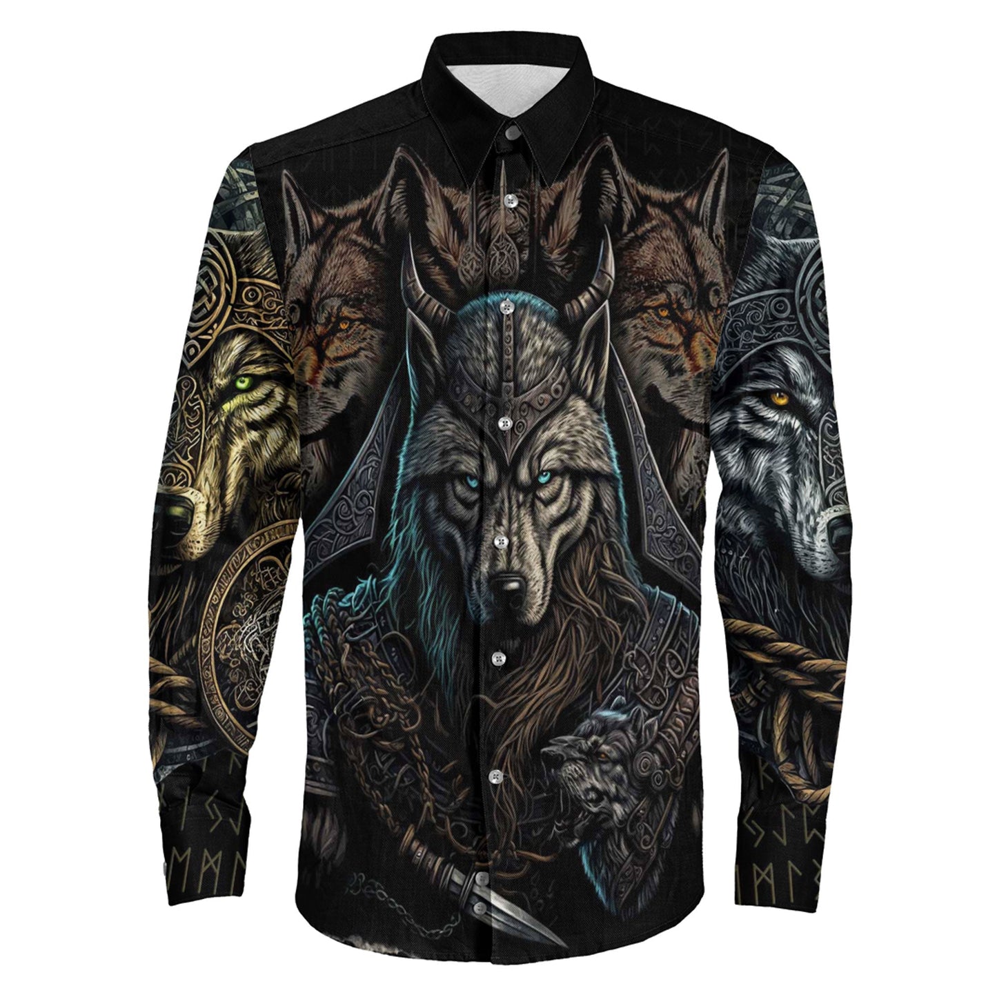 Viking Wolf Warriors 3D Long Sleeve Button Shirt