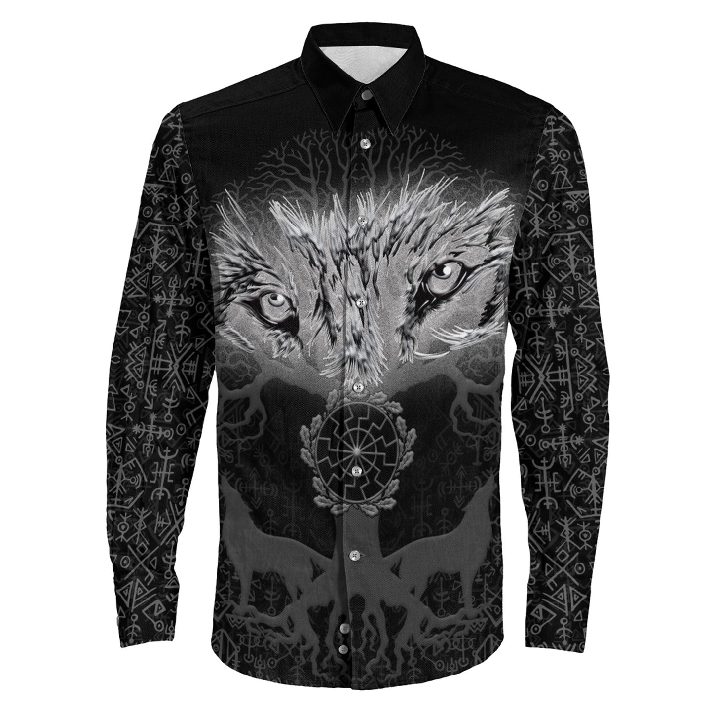 Tree And Wolf viking Long Sleeve Button Shirt