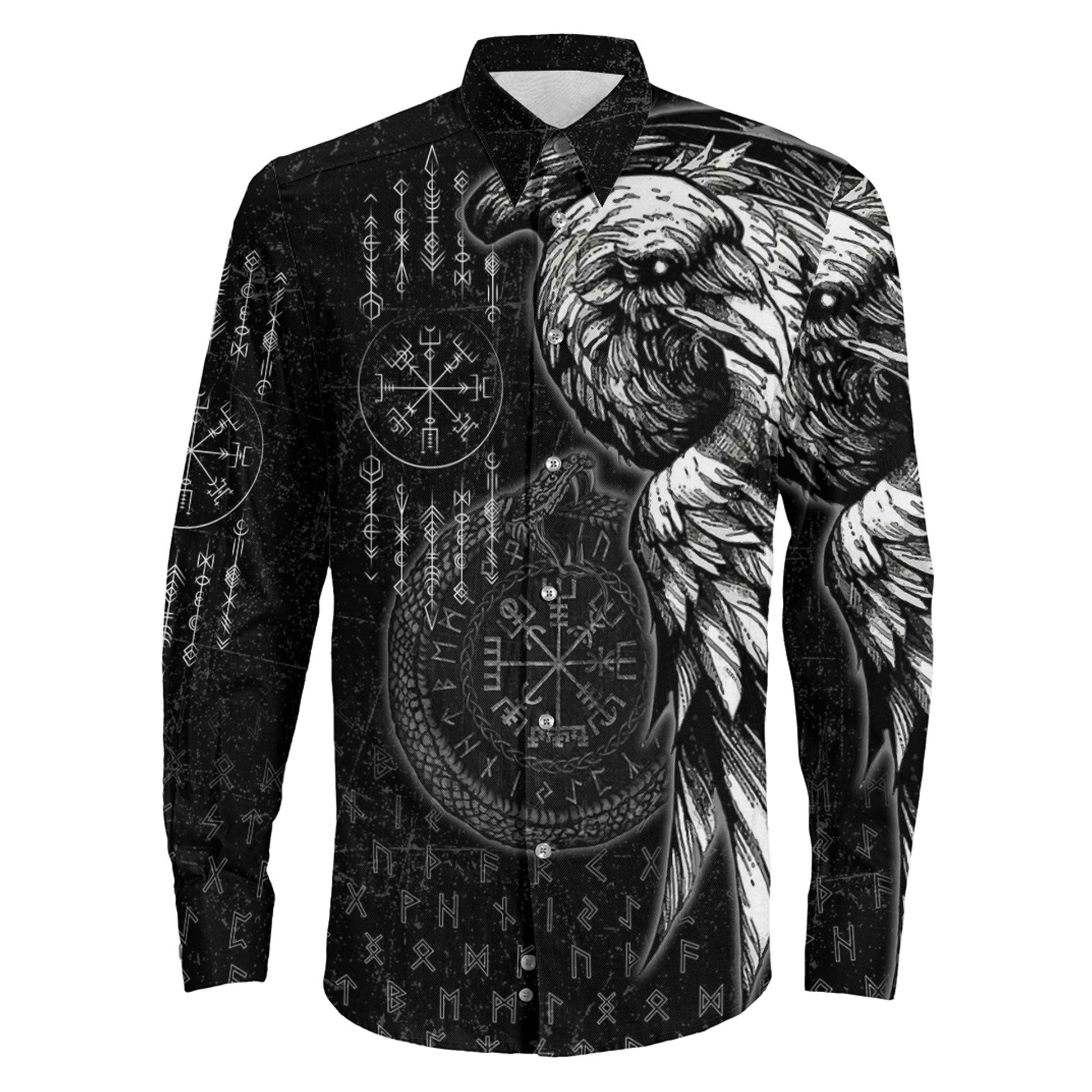 Raven and Ouroboros Brush Style Long Sleeve Button Shirt