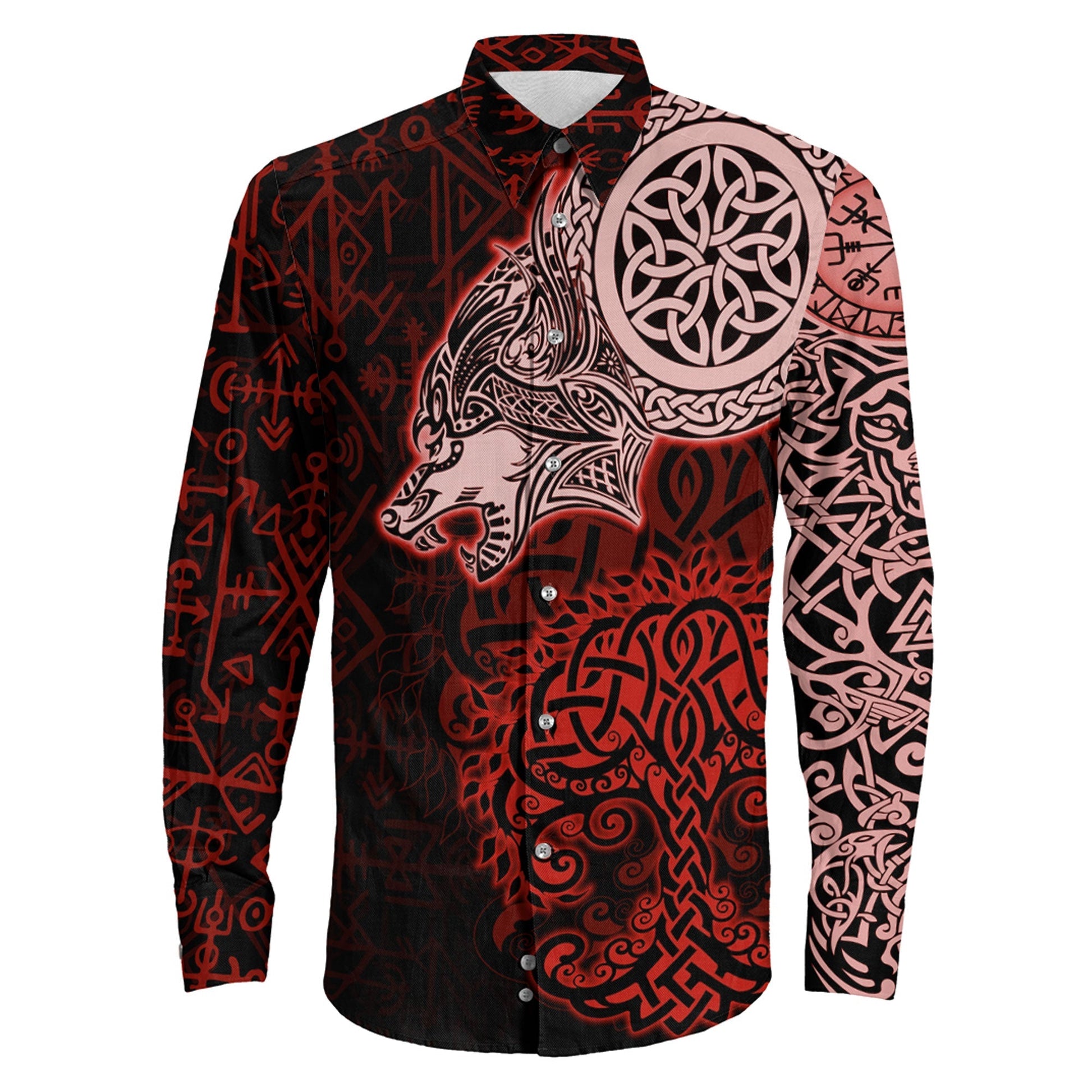 VikingStyle Clothing -Viking Wolf Red Long Sleeve Button Shirt