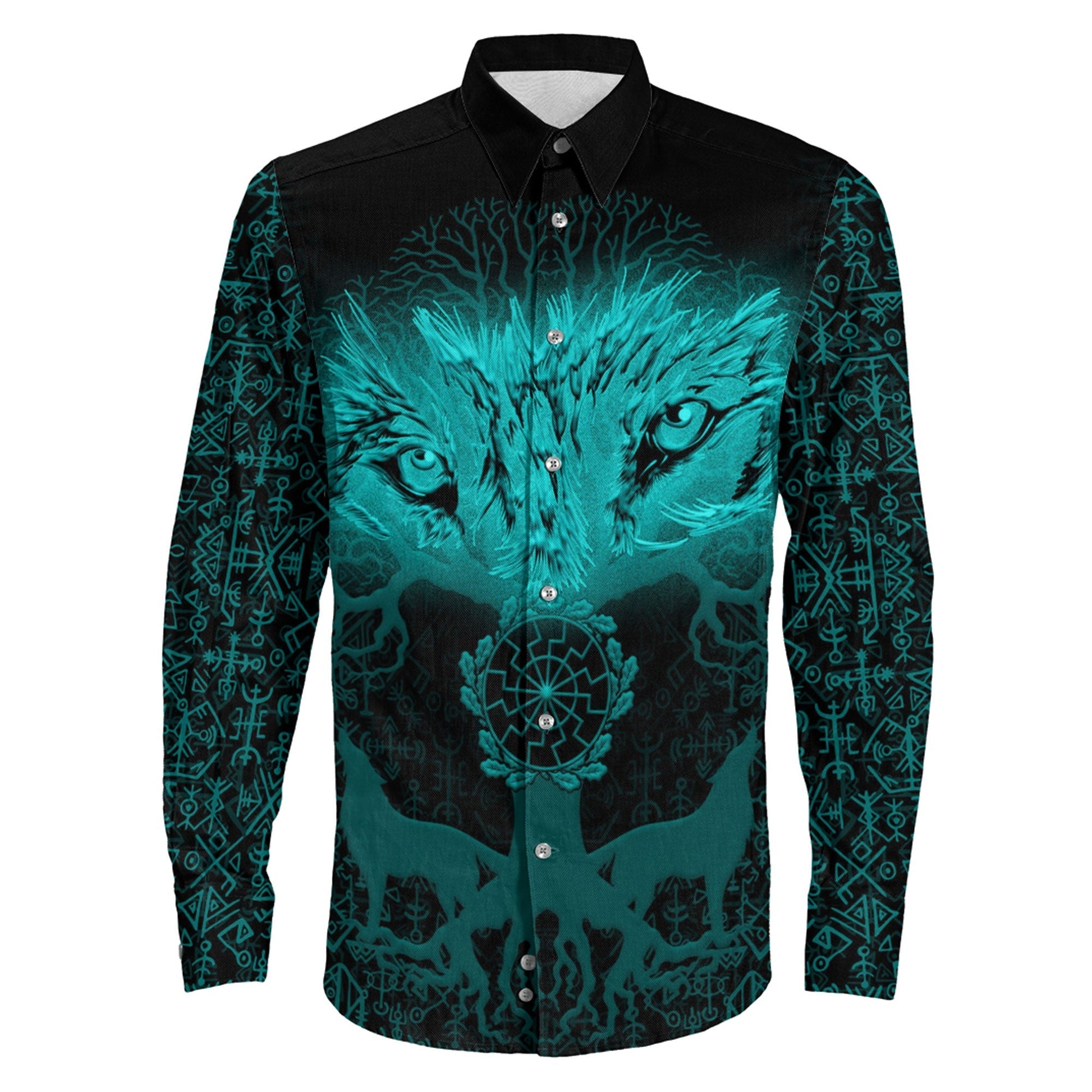 Tree And Wolf Turquoise viking Long Sleeve Button Shirt