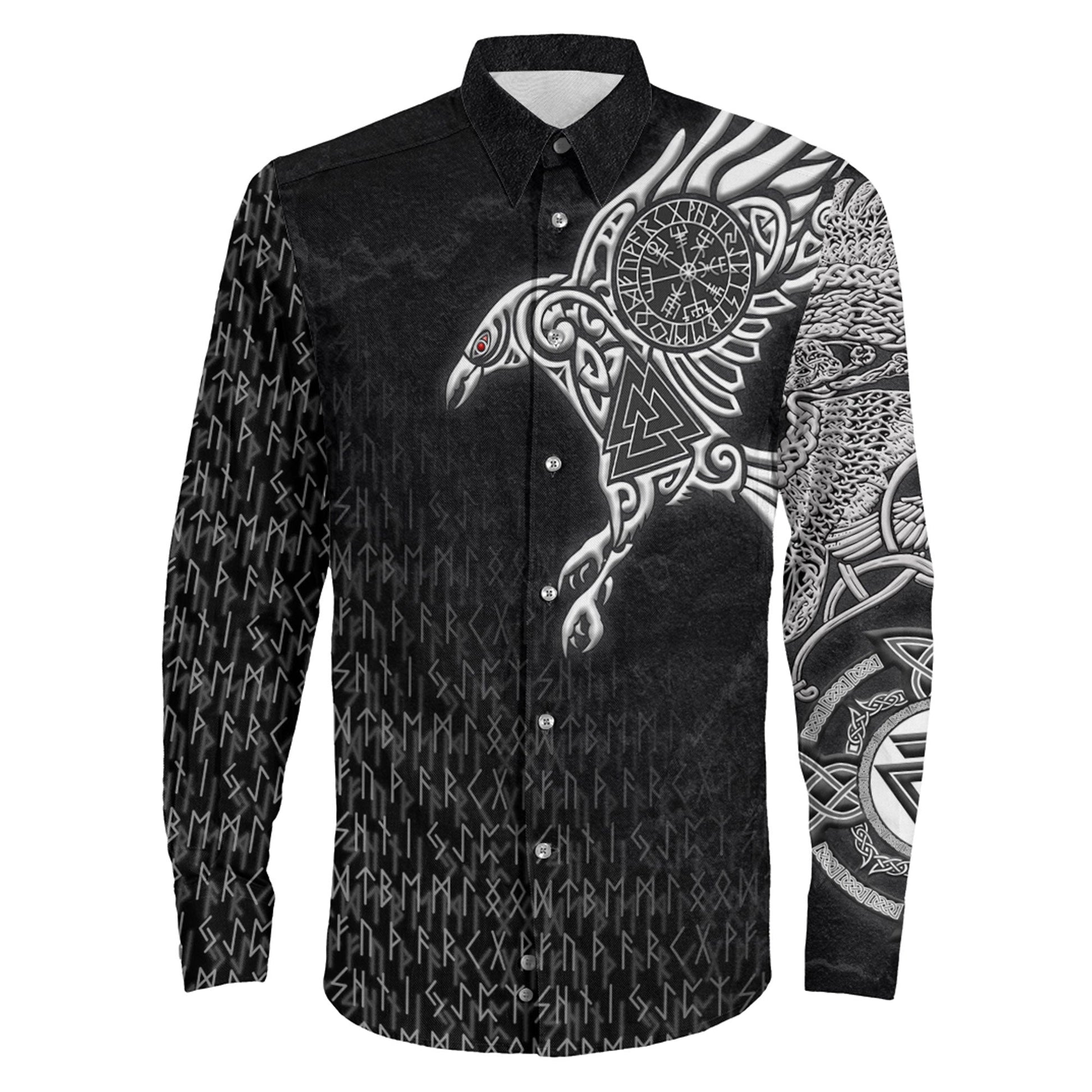 Raven Symbol Silver Viking Long Sleeve Button Shirt