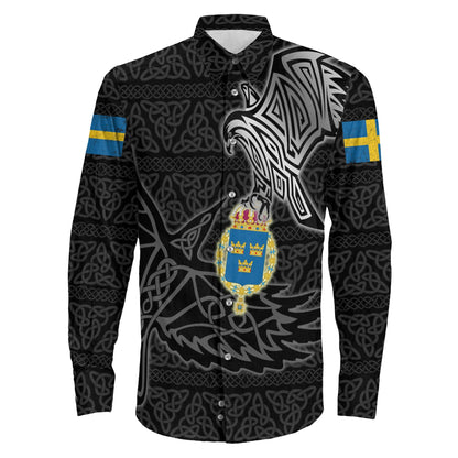 VikingStyle Clothing -Sweden Raven Viking Long Sleeve Button Shirt