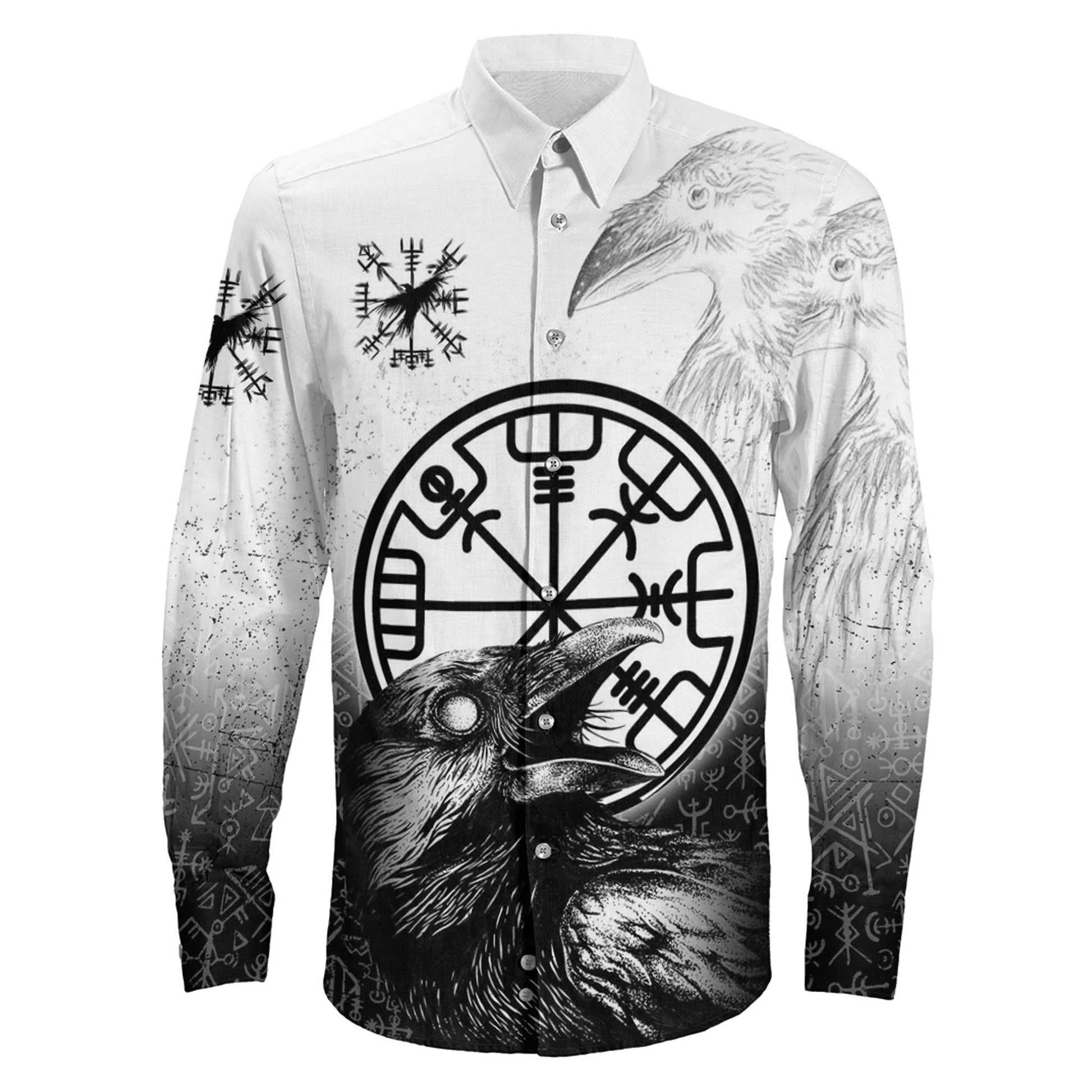 Viking Raven Black and White Vegvisir Long Sleeve Button Shirt