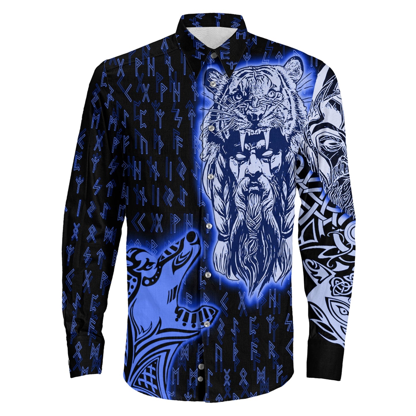 VikingStyle Clothing -Odin and Wolf Viking Blue Long Sleeve Button Shirt