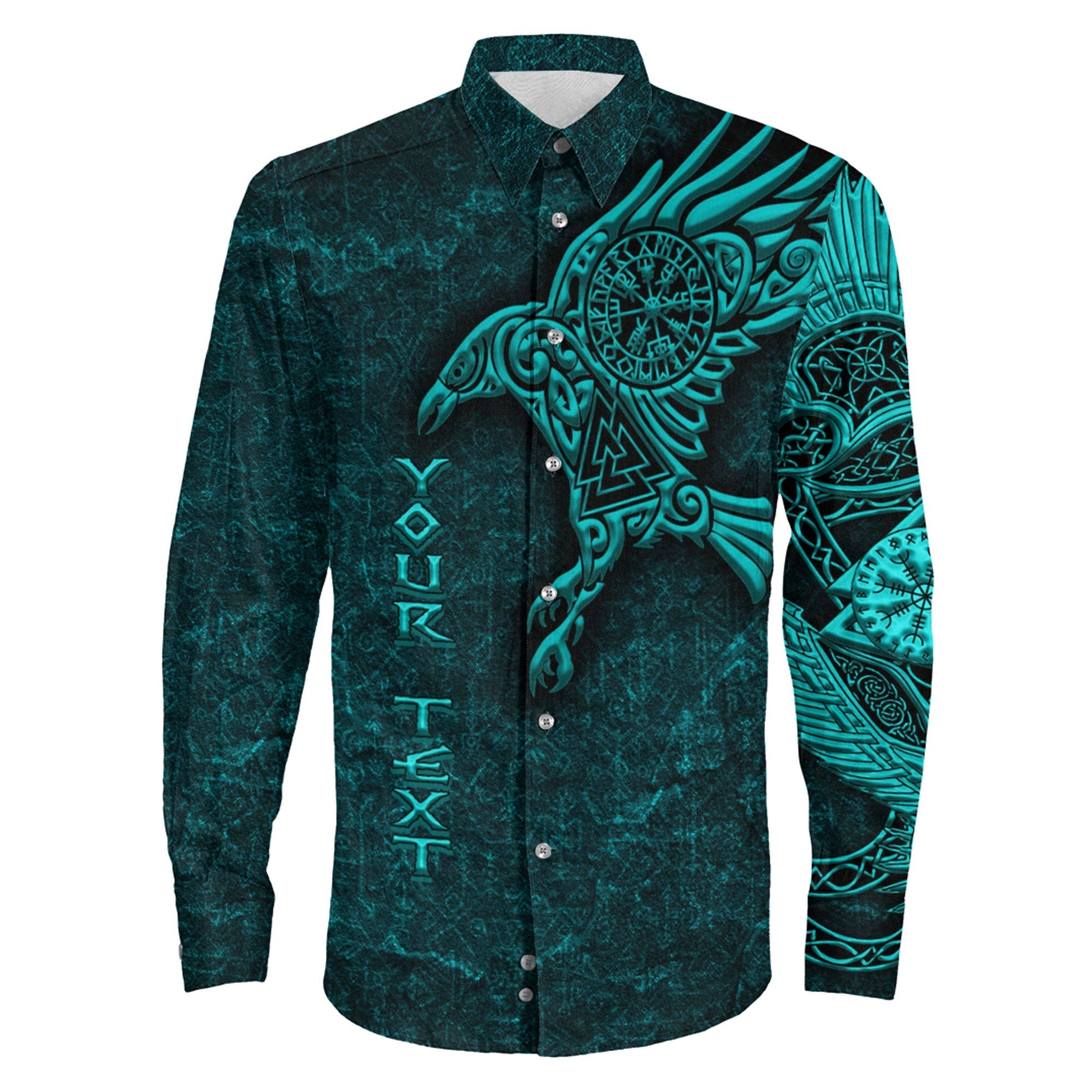 Raven Vegvisir Turquoise Custum Viking Long Sleeve Button Shirt