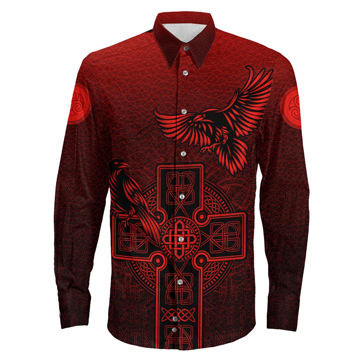 Hugin and Munin Red Leather Background Long Sleeve Button Shirt