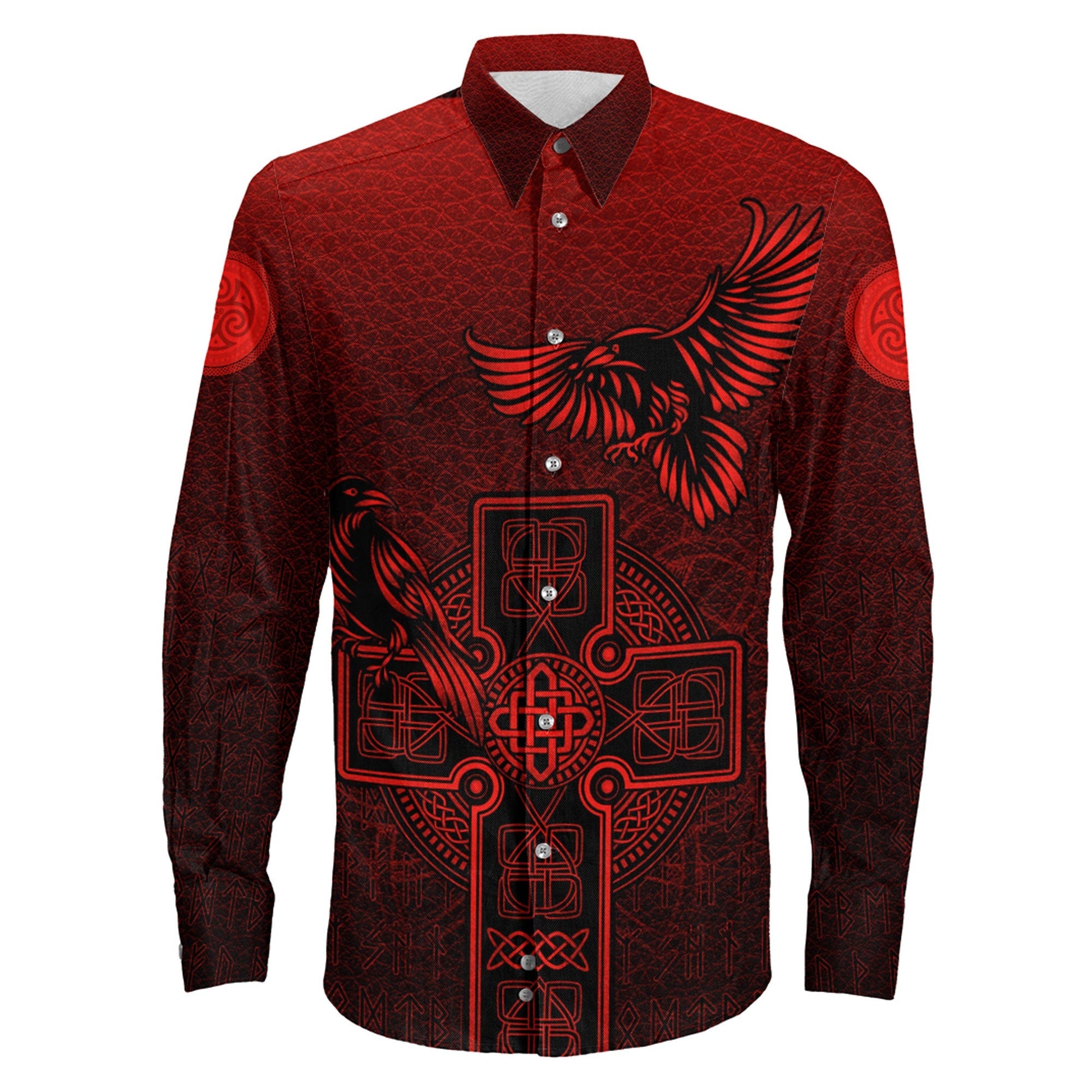Hugin and Munin Red Leather Background Long Sleeve Button Shirt