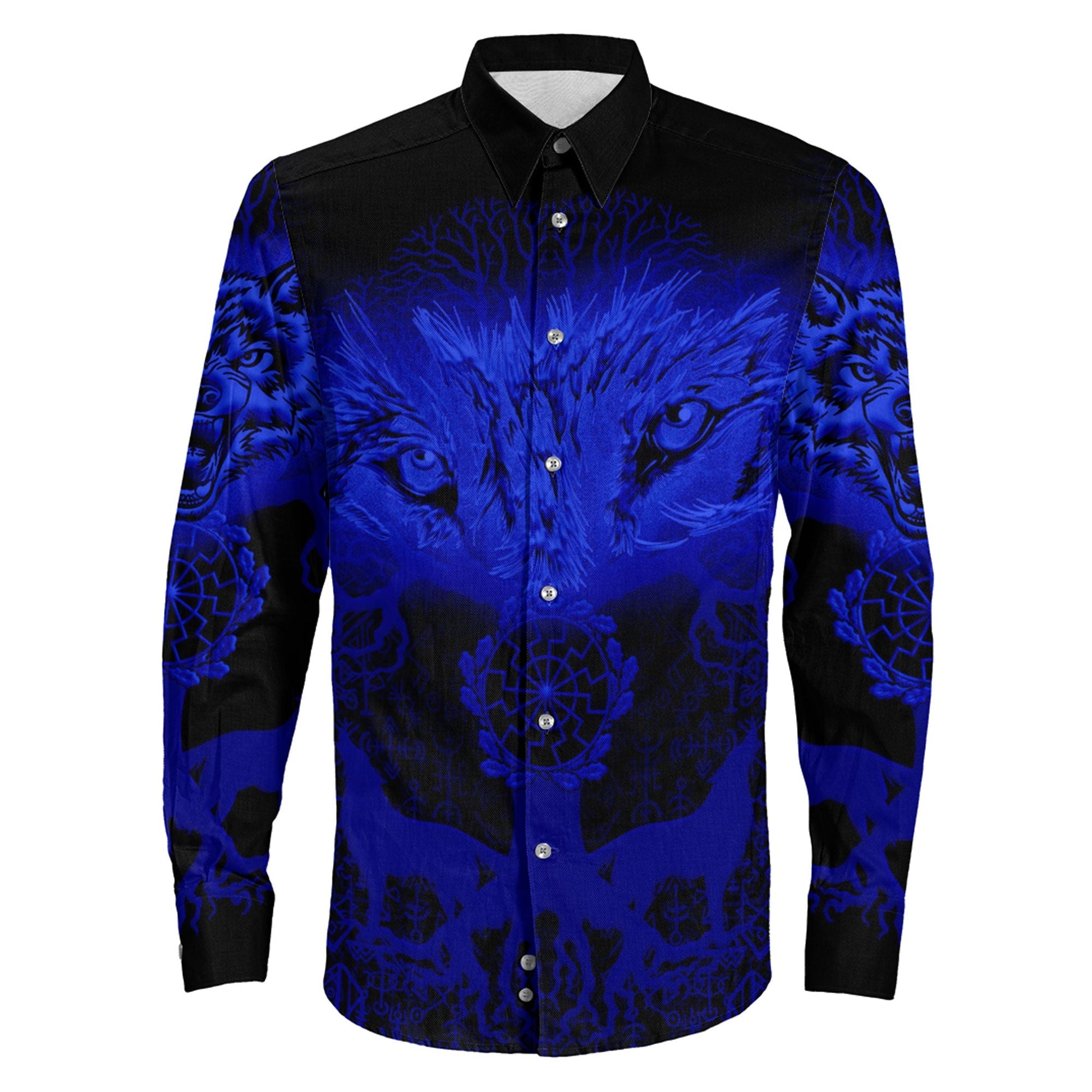 Wolf And Tree Blue viking Long Sleeve Button Shirt