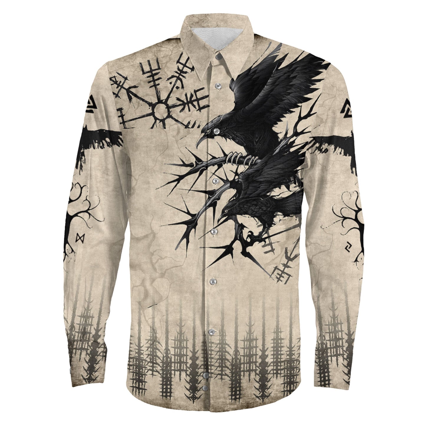 Raven and Vegvisir Vintage Style Long Sleeve Button Shirt