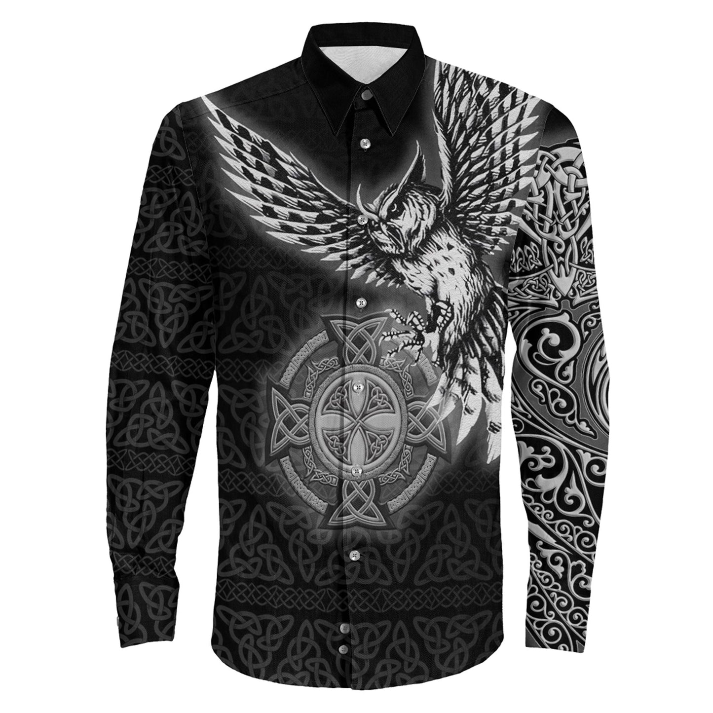Owl Symbol Silver Viking Long Sleeve Button Shirt