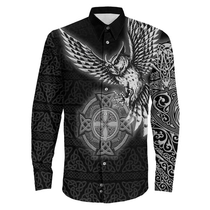 Owl Symbol Silver Viking Long Sleeve Button Shirt