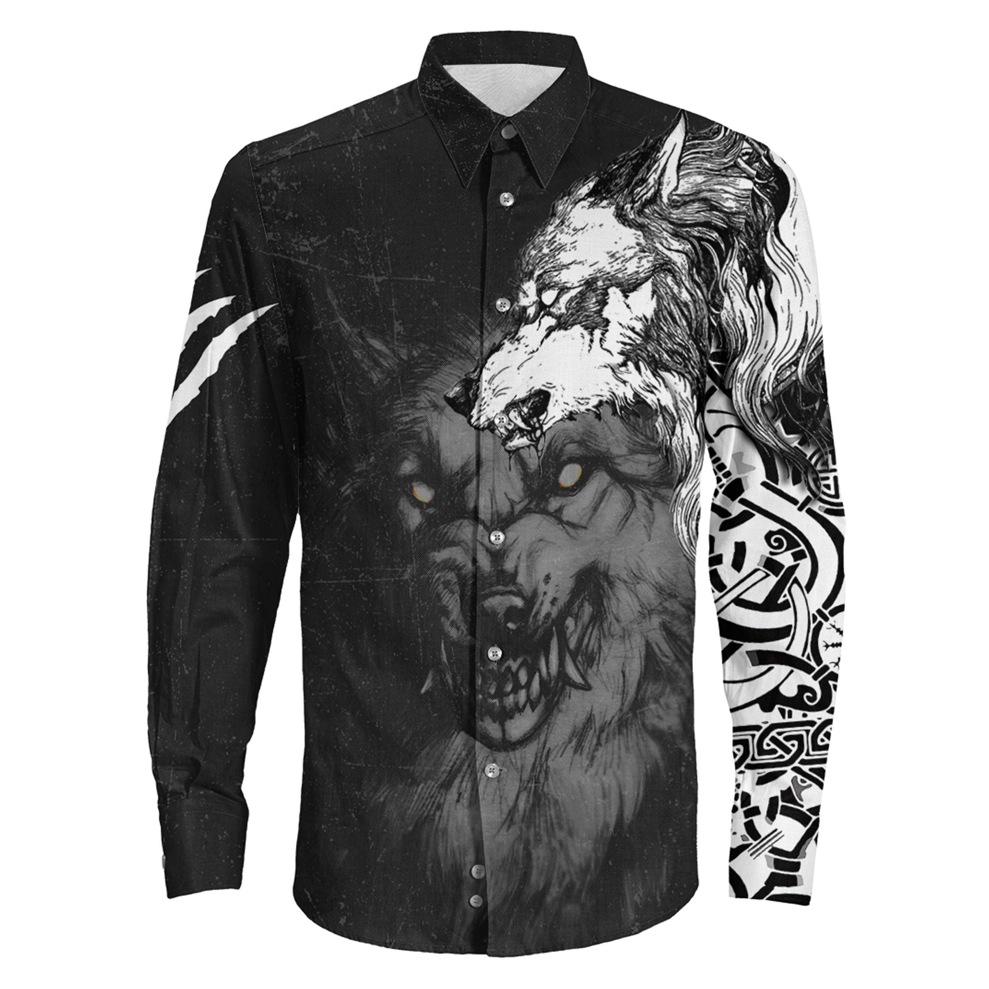 Wolf Fenrir Angry Brush Style Long Sleeve Button Shirt