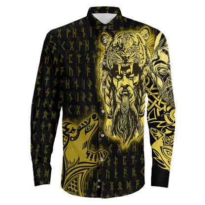 VikingStyle Clothing -Odin and Wolf Viking Gold Long Sleeve Button Shirt