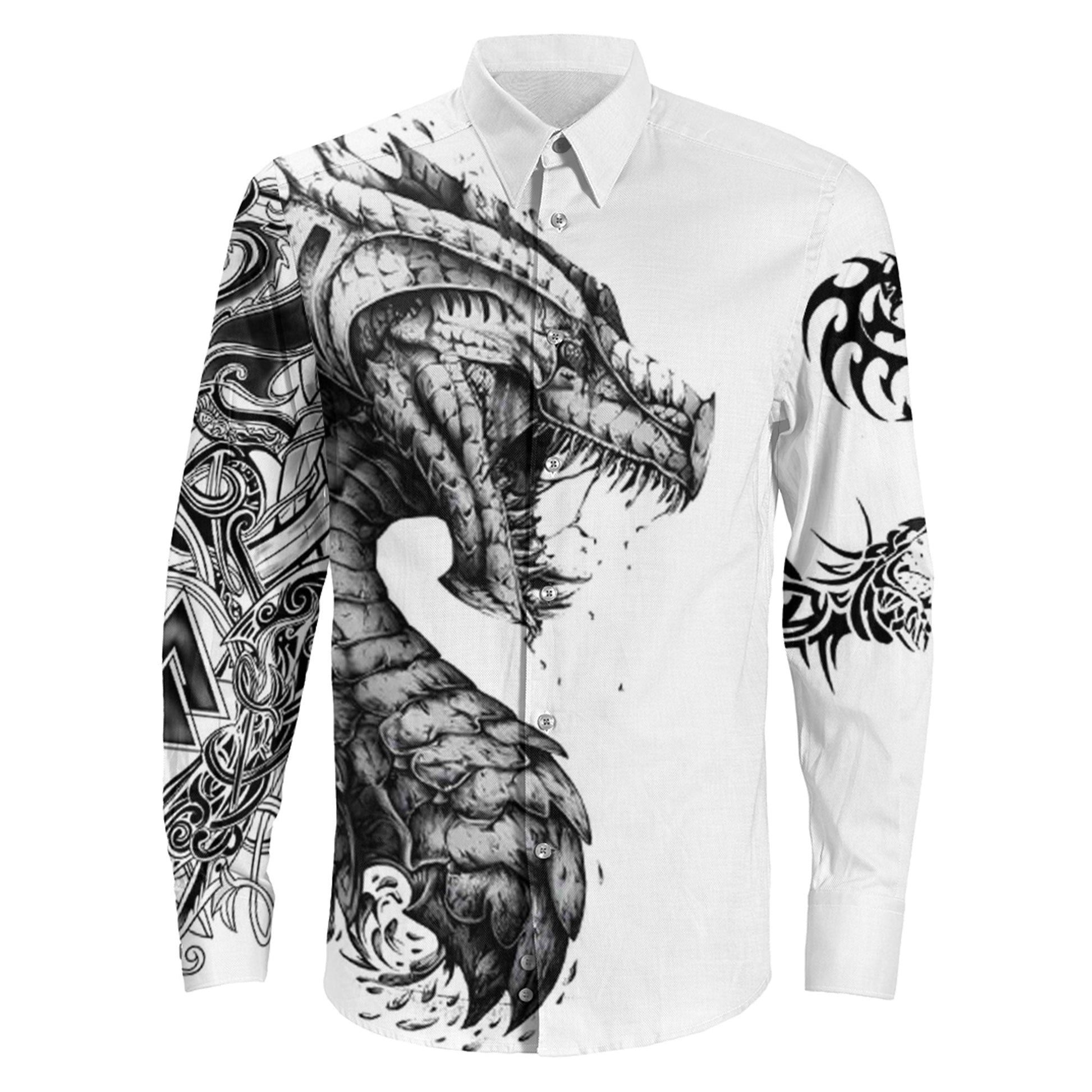 Dragon White Celtic Warship Long Sleeve Button Shirt
