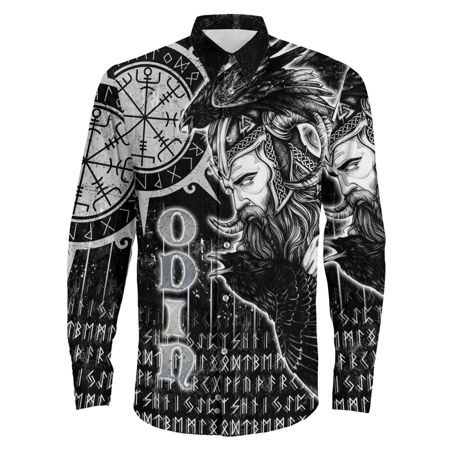 Odin Hugin and Munin Vegvisir Style Long Sleeve Button Shirt