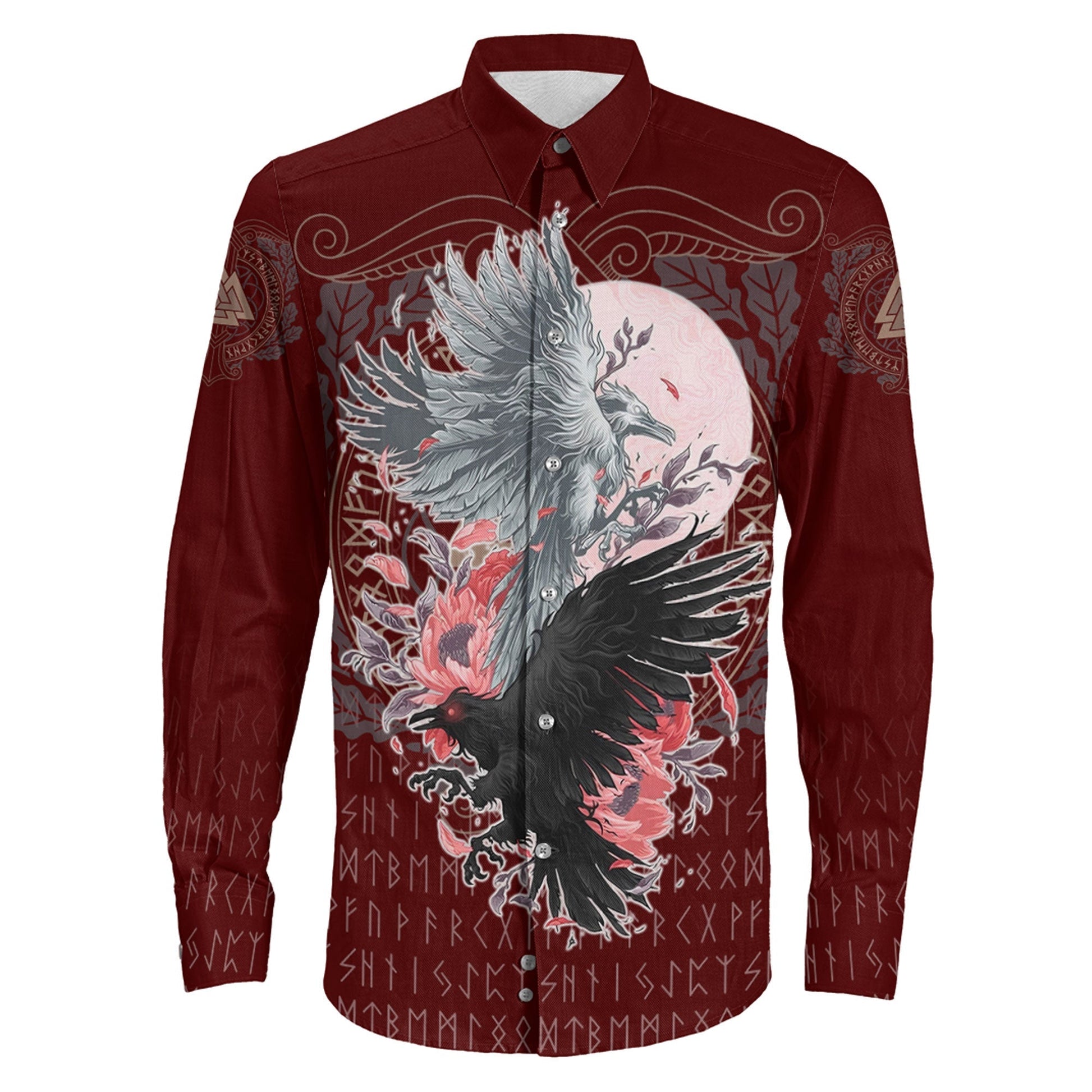 Raven Black and White Red Yggdrasil Long Sleeve Button Shirt