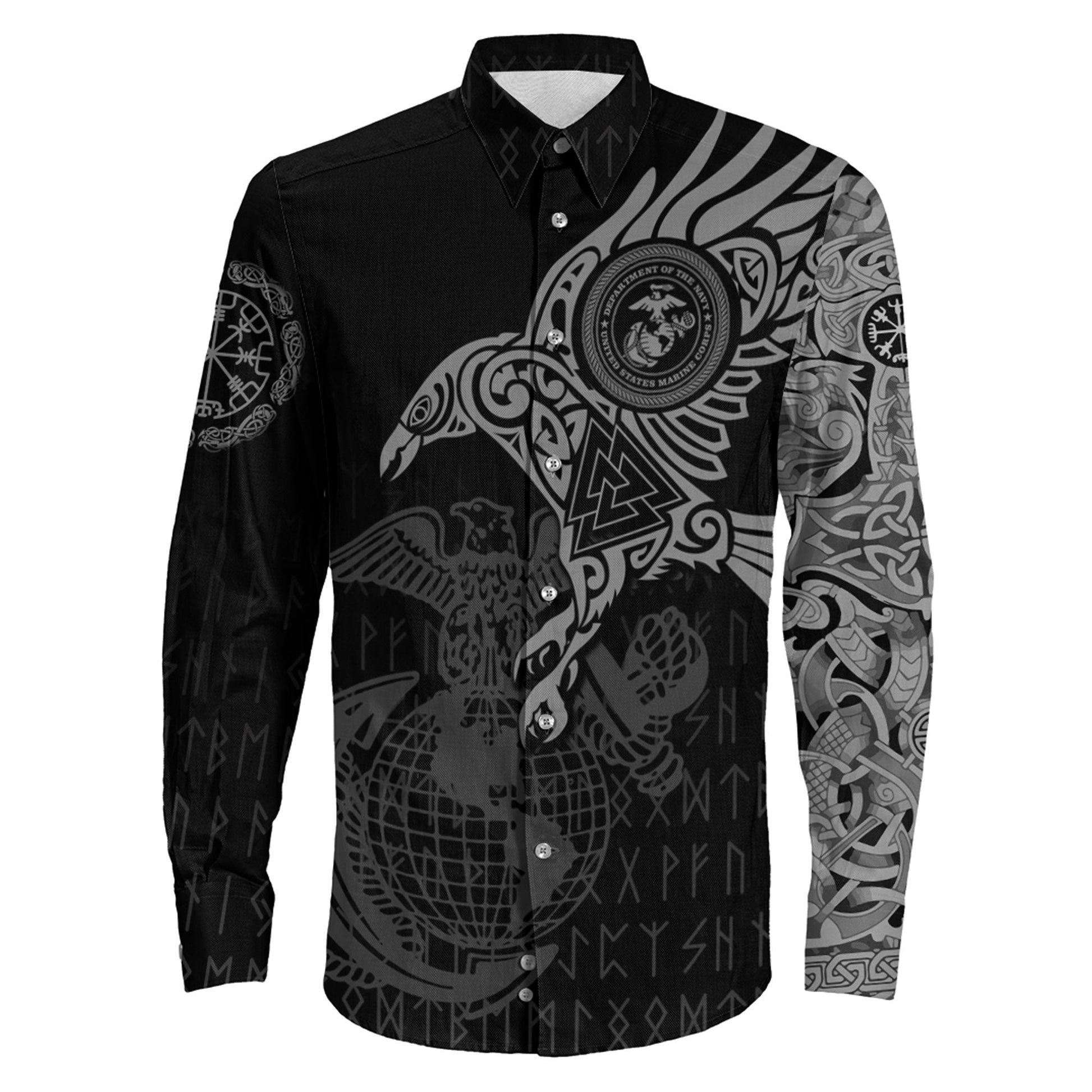Long Sleeve Button Shirt - The Raven Of Odin Tattoo Army 