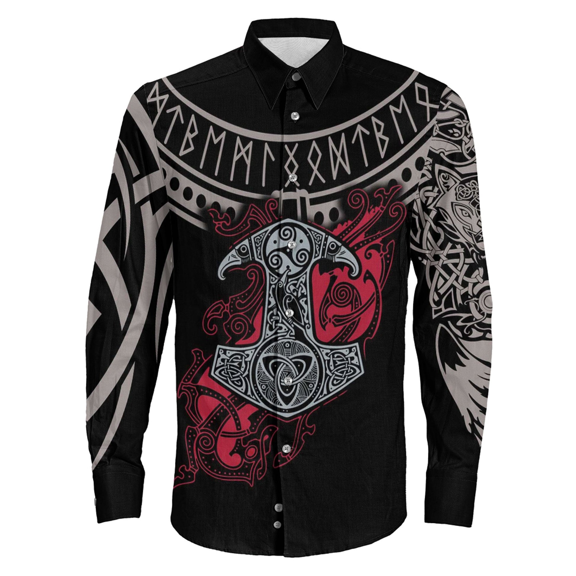 Mjolnir and Fenrir Tattoo Mix Ruby Red Long Sleeve Button Shirt