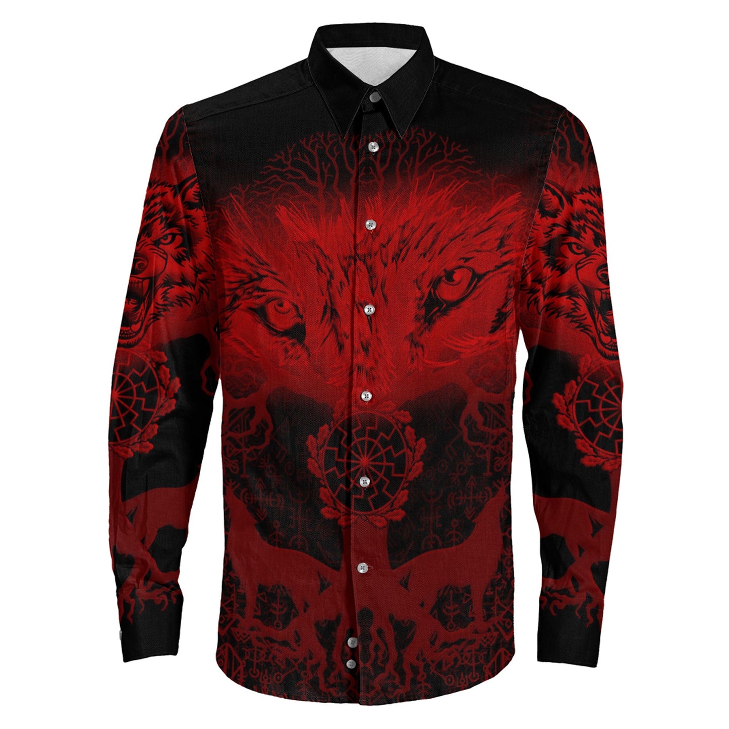 Wolf And Tree Red viking Long Sleeve Button Shirt
