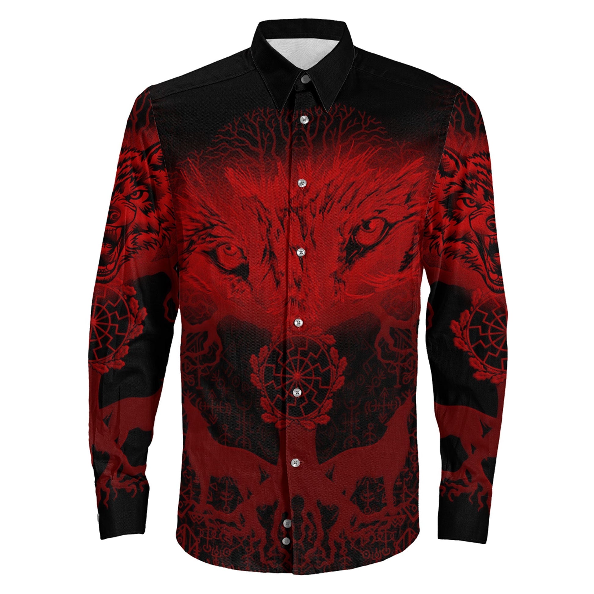 Wolf And Tree Red viking Long Sleeve Button Shirt