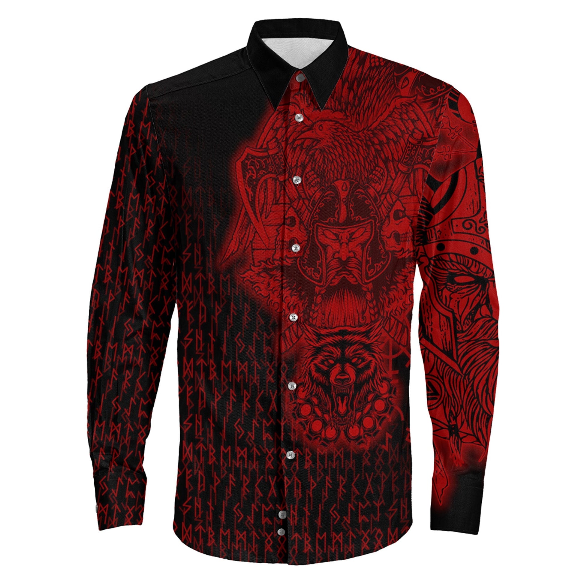 Odin And Raven Wolf Red Viking Long Sleeve Button Shirt