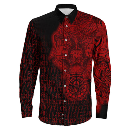 Odin And Raven Wolf Red Viking Long Sleeve Button Shirt