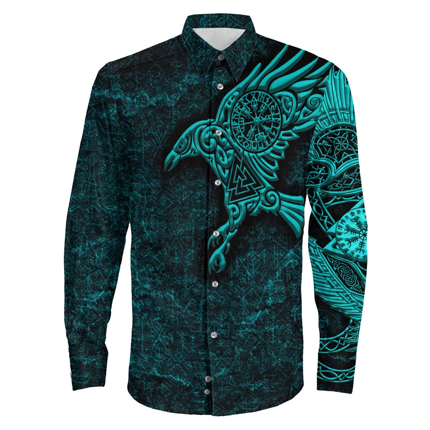 Raven Vegvisir Tuequoise Viking Long Sleeve Button Shirt