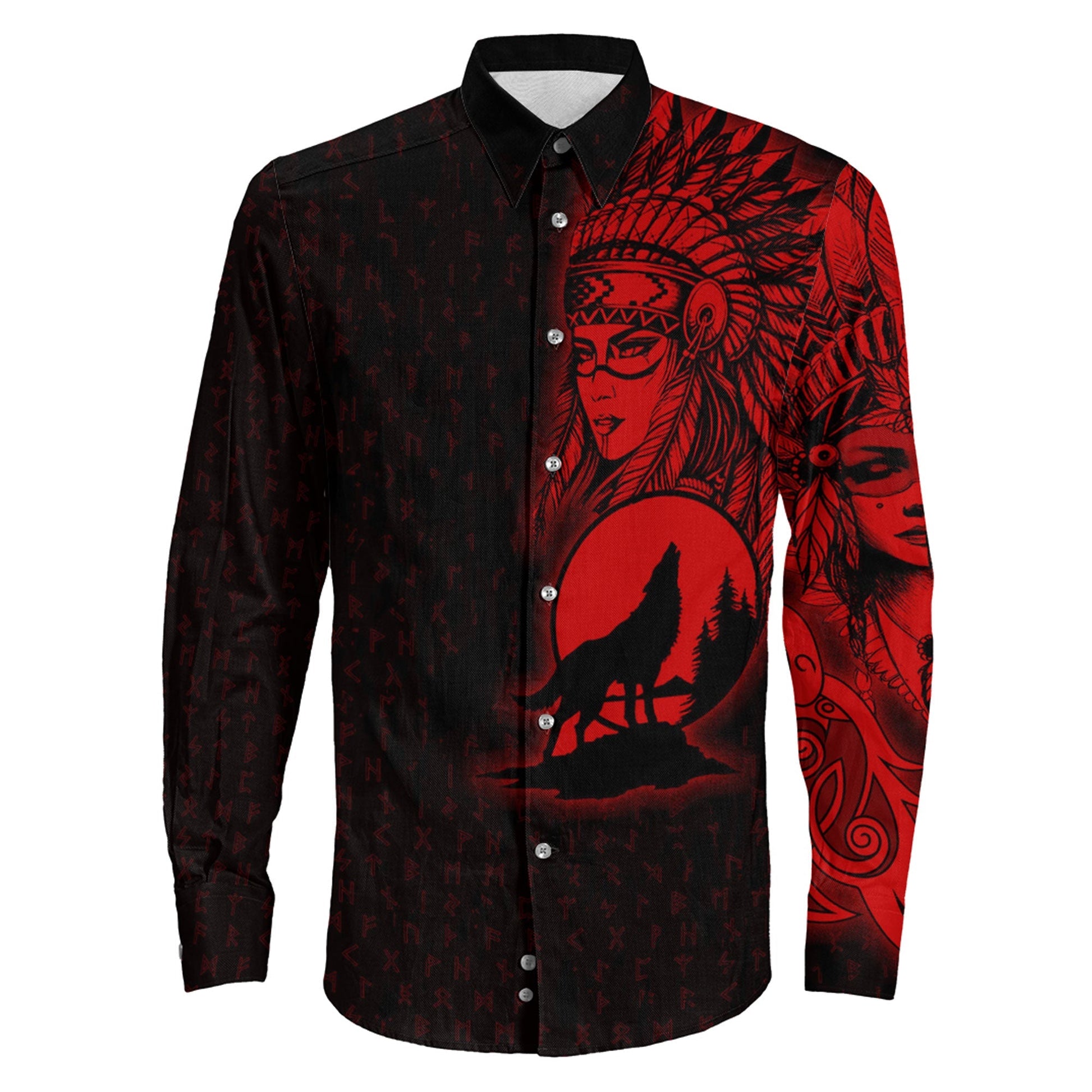 Valkyries Moon Raven Wolf Red Long Sleeve Button Shirt
