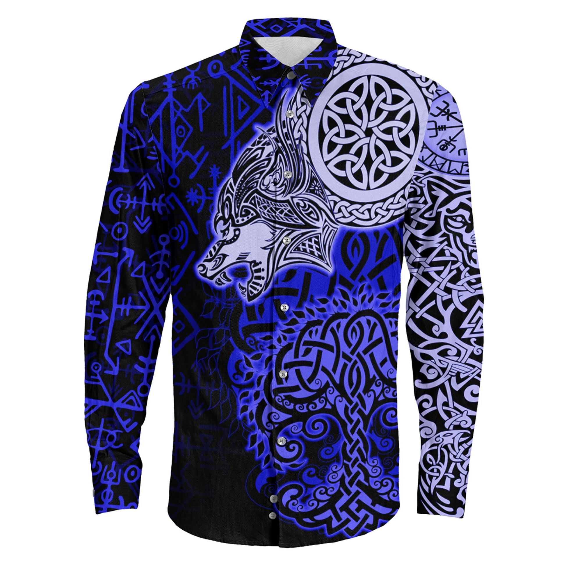 VikingStyle Clothing -Viking Wolf Blue Long Sleeve Button Shirt