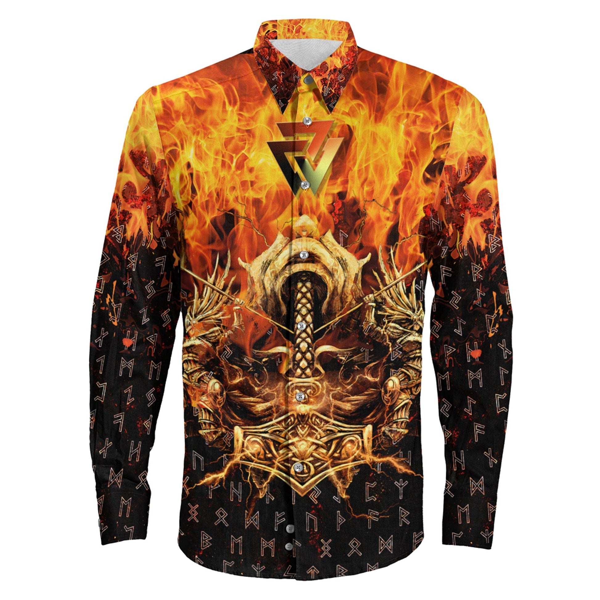 VikingStyle Clothing -Viking Valkyrie Warrirors Valknut Fire Long Sleeve Button Shirt