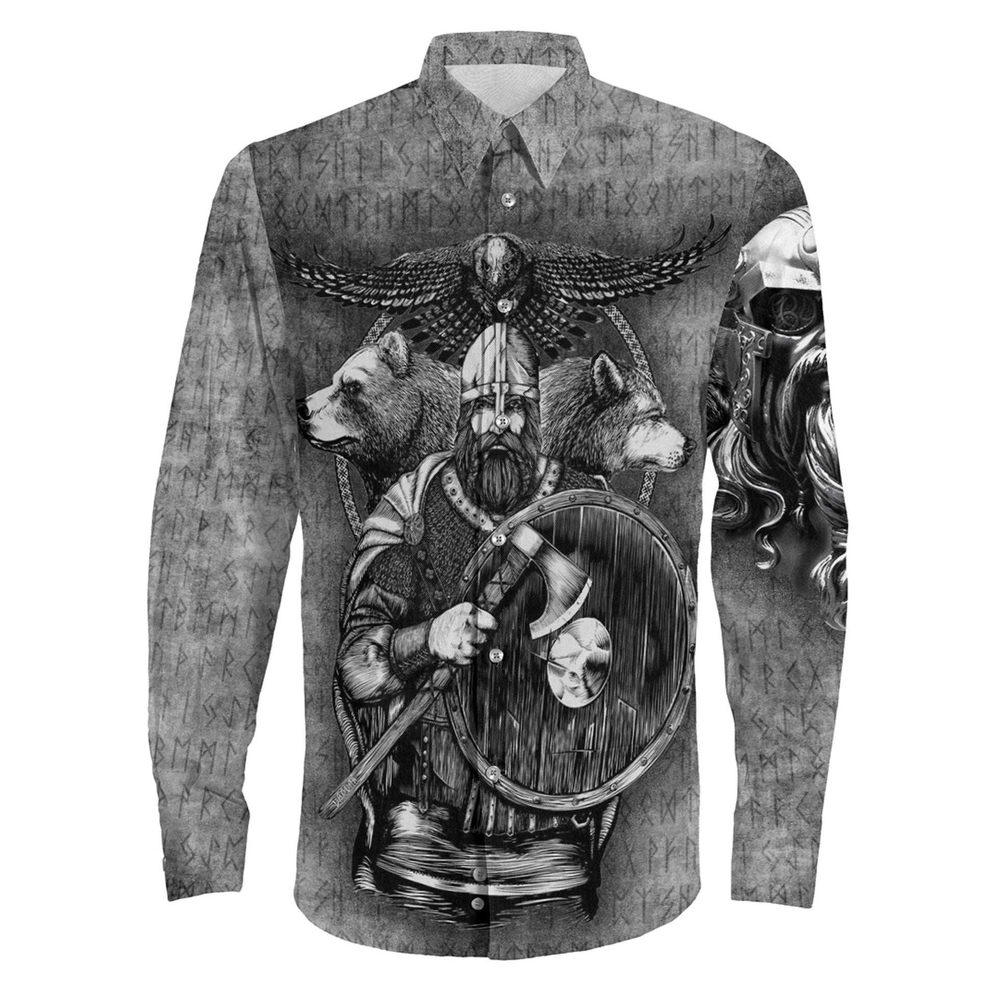 Viking Odin Bear Raven Wolf Long Sleeve Button Shirt