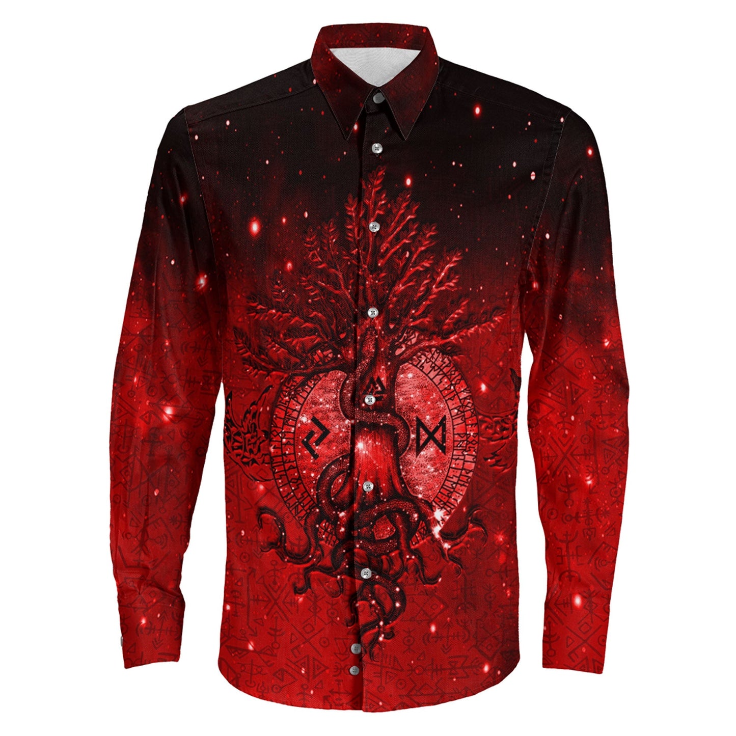 Yggdrasil Viking Red Long Sleeve Button Shirt A31