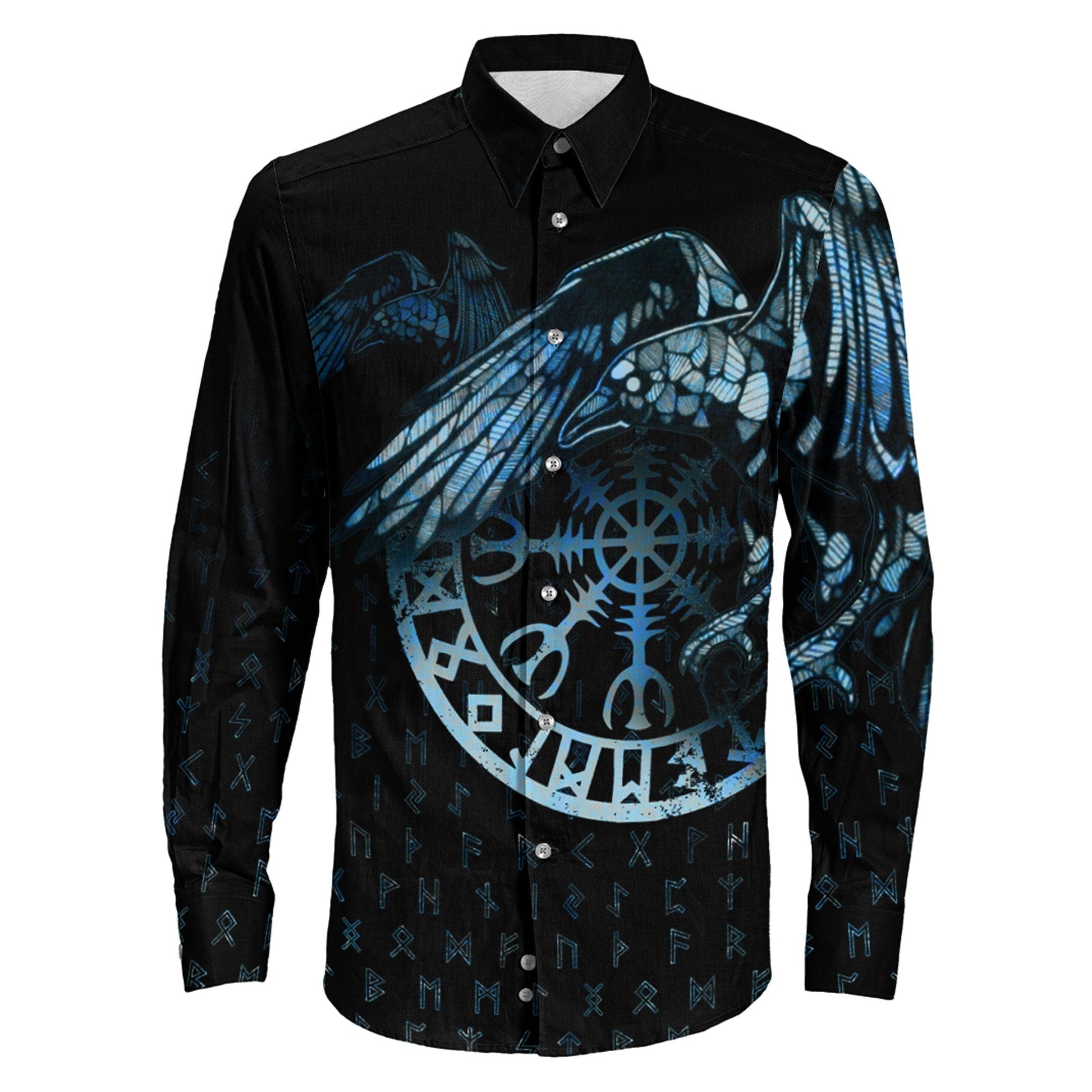 VikingStyle Clothing -Raven Helm of Awe Dark Blue Long Sleeve Button Shirt