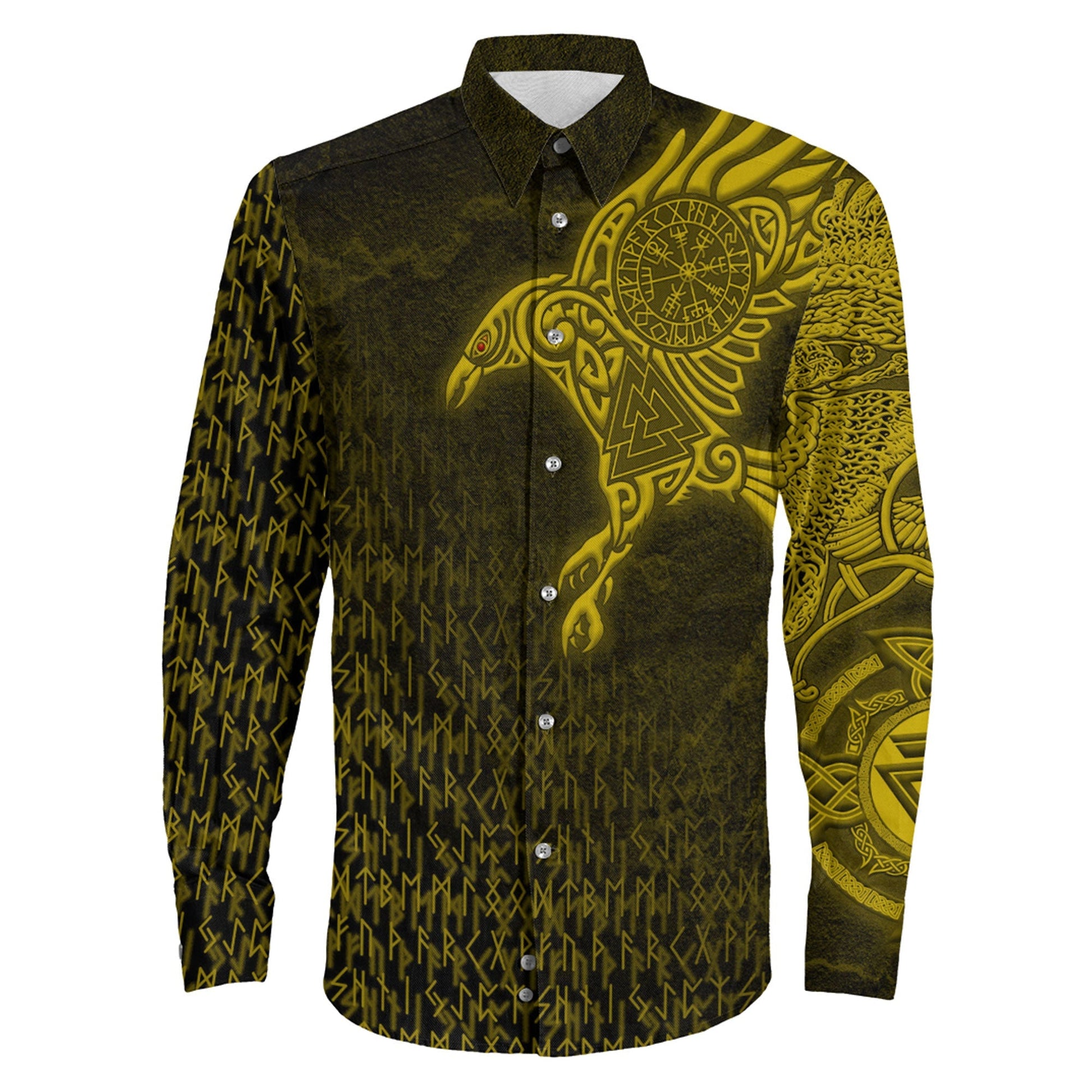 Raven Symbol Gold Viking Long Sleeve Button Shirt