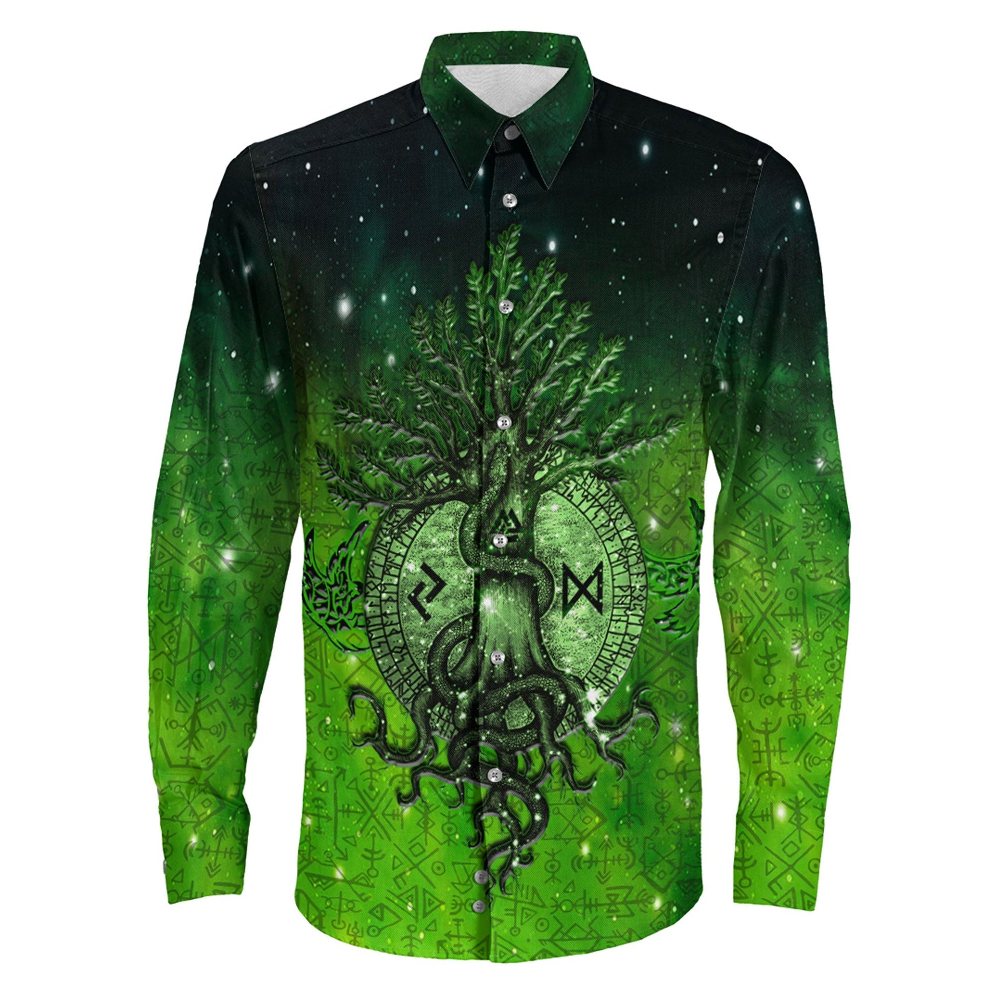 Yggdrasil Viking Green Long Sleeve Button Shirt A31