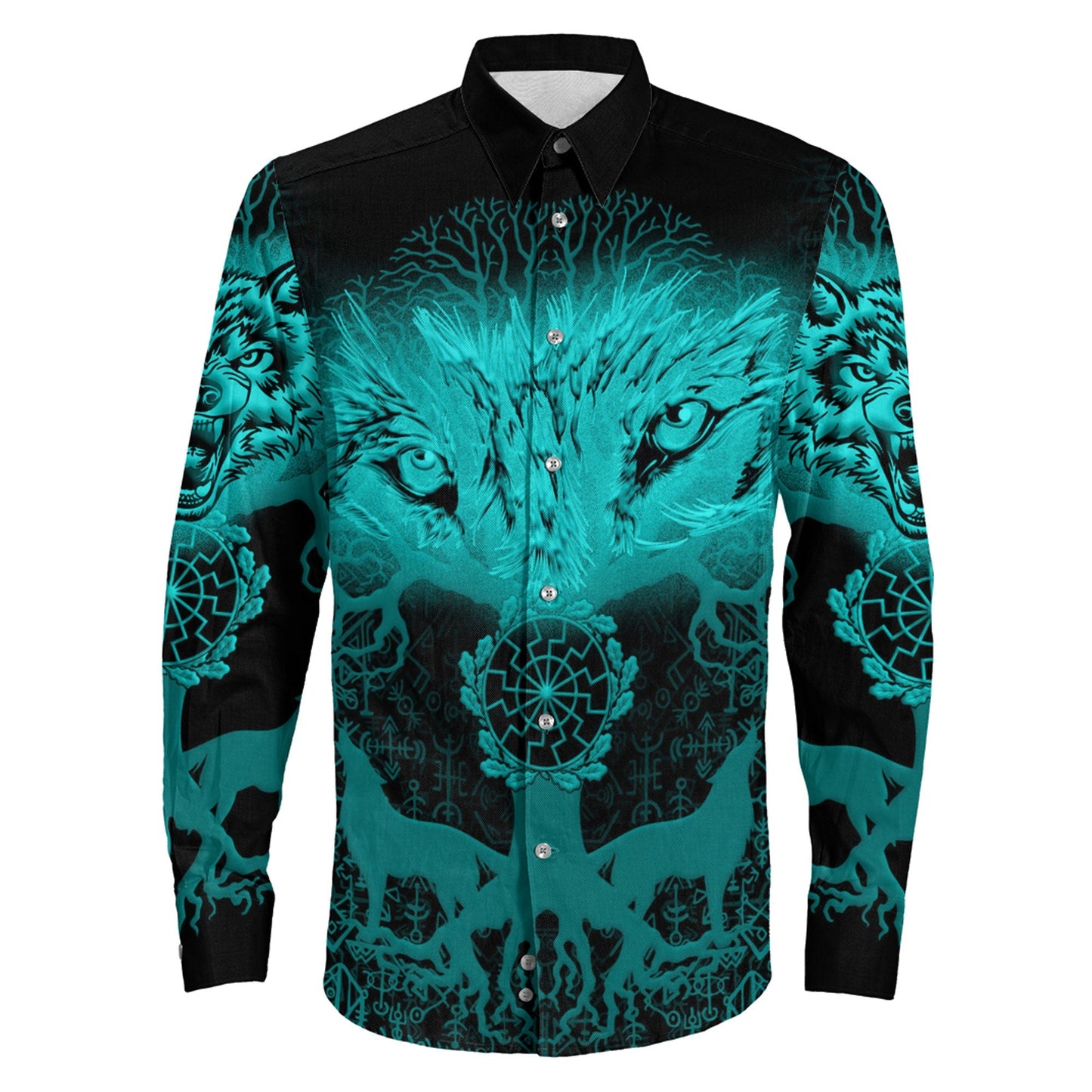 Wolf And Tree Turquoise viking Long Sleeve Button Shirt