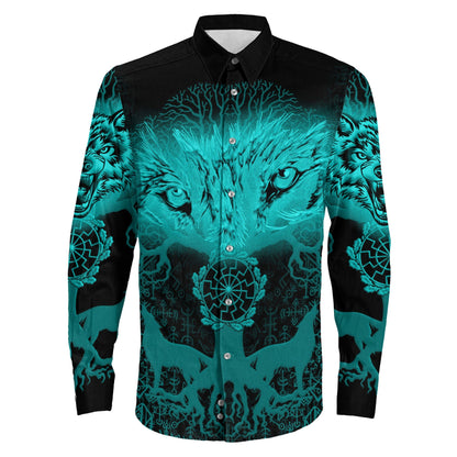 Wolf And Tree Turquoise viking Long Sleeve Button Shirt