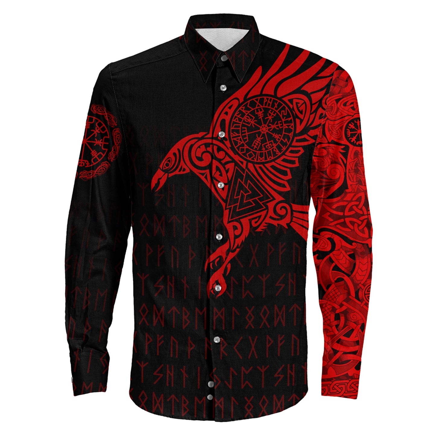 VikingStyle Clothing -Long Sleeve Button Shirt - The Raven Of Odin Tattoo Red Version 