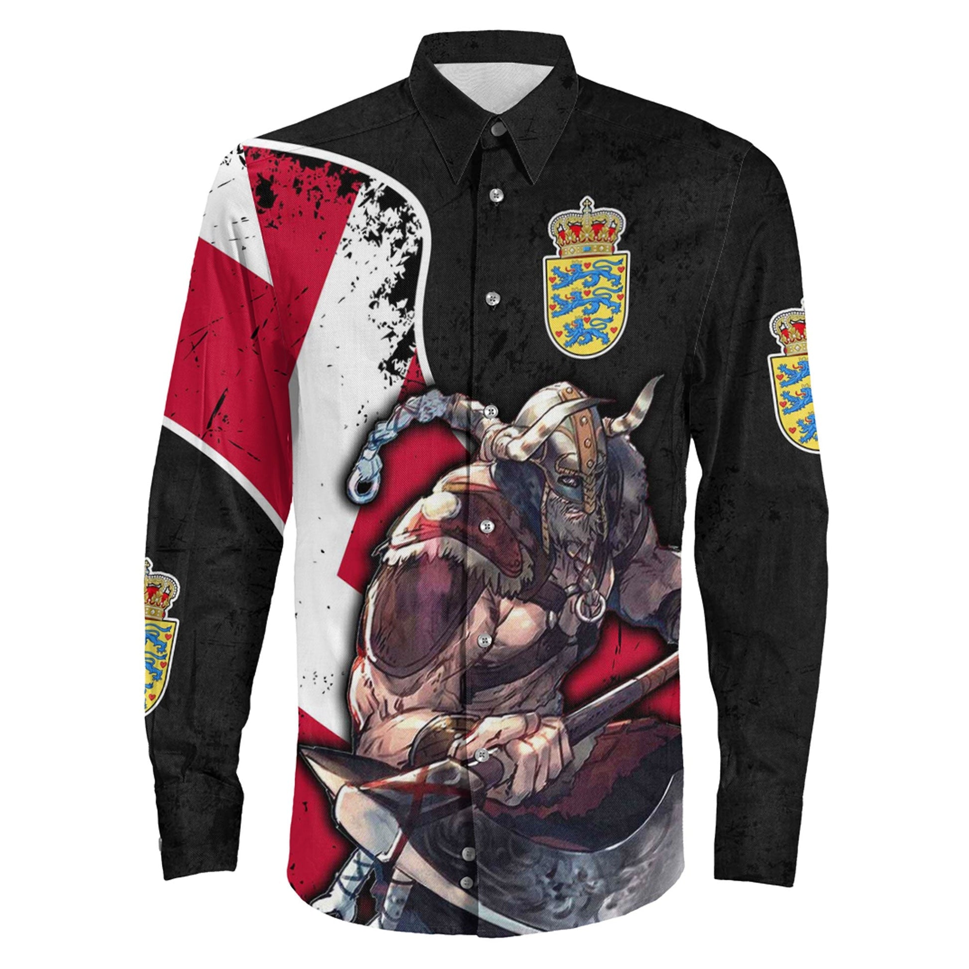 VikingStyle Clothing -Denmark Warriors Brush Style Long Sleeve Button Shirt