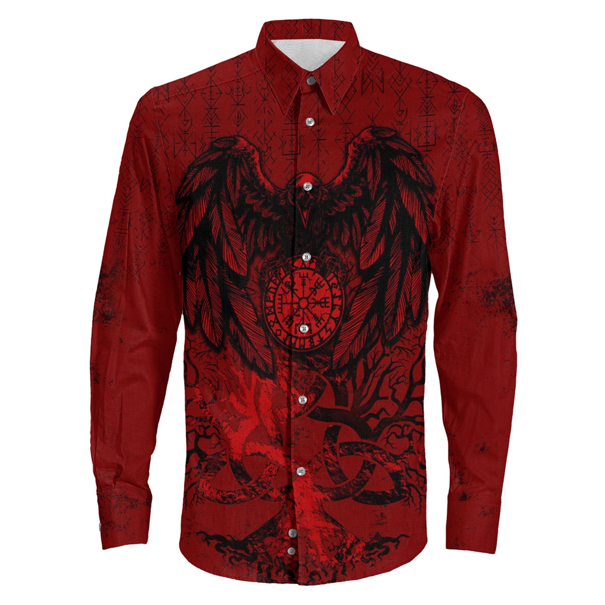 Raven Cletic Tree Red Long Sleeve Button Shirt