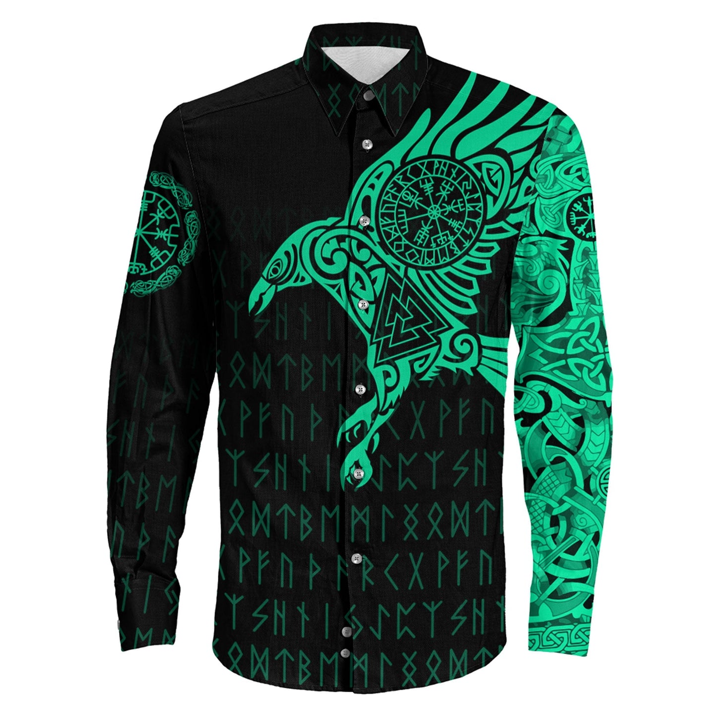 VikingStyle Clothing -Long Sleeve Button Shirt - The Raven Of Odin Tattoo Green Cyan Version 