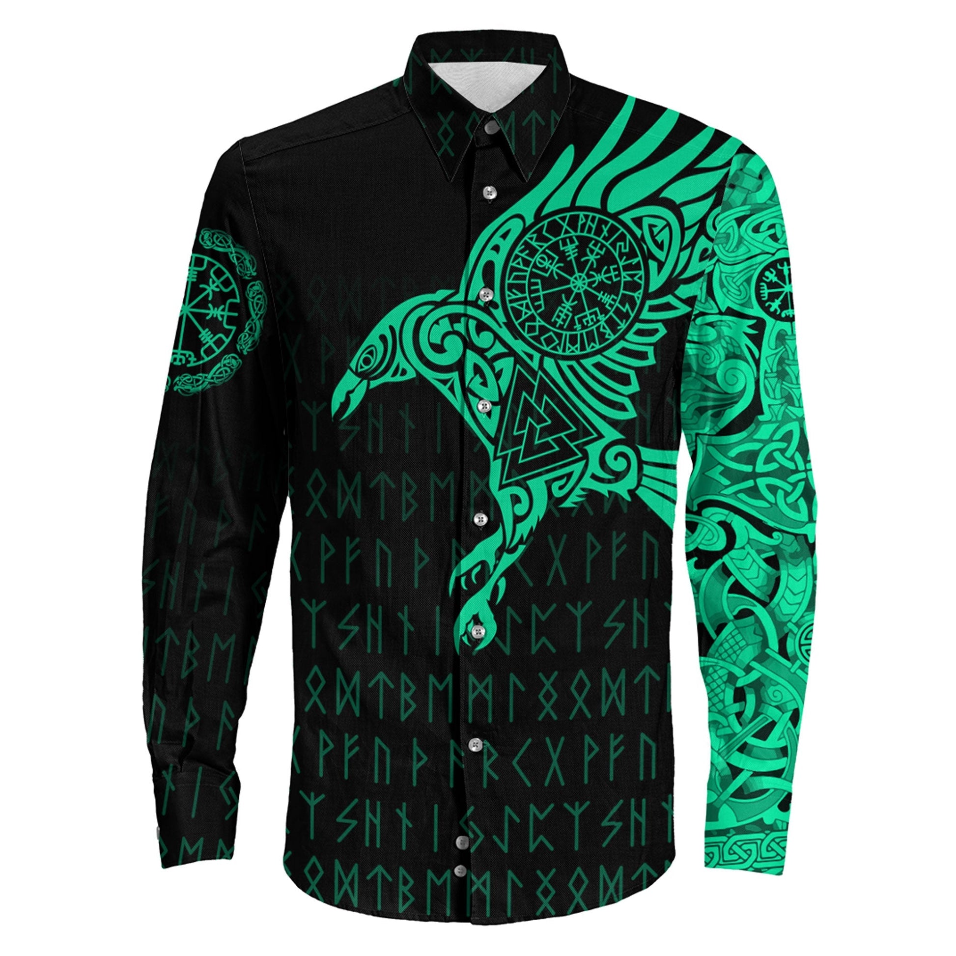 VikingStyle Clothing -Long Sleeve Button Shirt - The Raven Of Odin Tattoo Green Cyan Version 