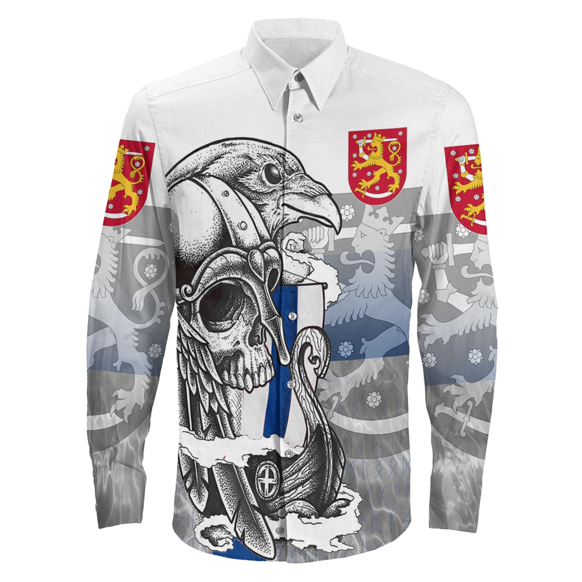 Finland Raven Drakkar and Skull Long Sleeve Button Shirt