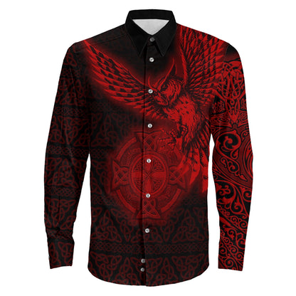 Owl Symbol Red Viking Long Sleeve Button Shirt