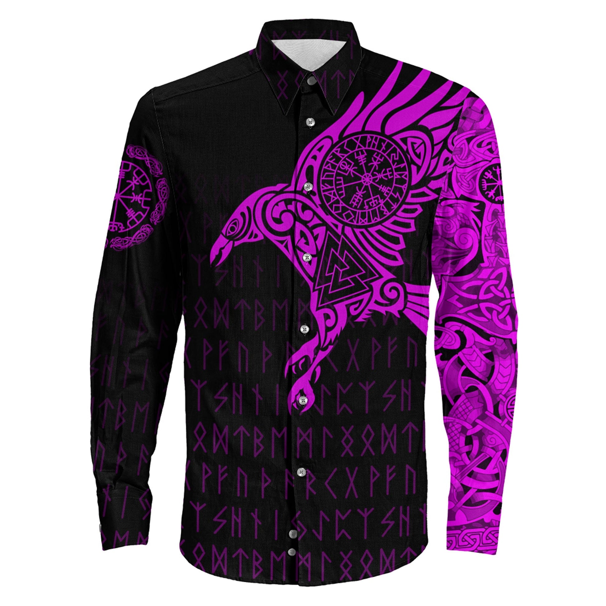 Long Sleeve Button Shirt - The Raven Of Odin Tattoo Pink Version 