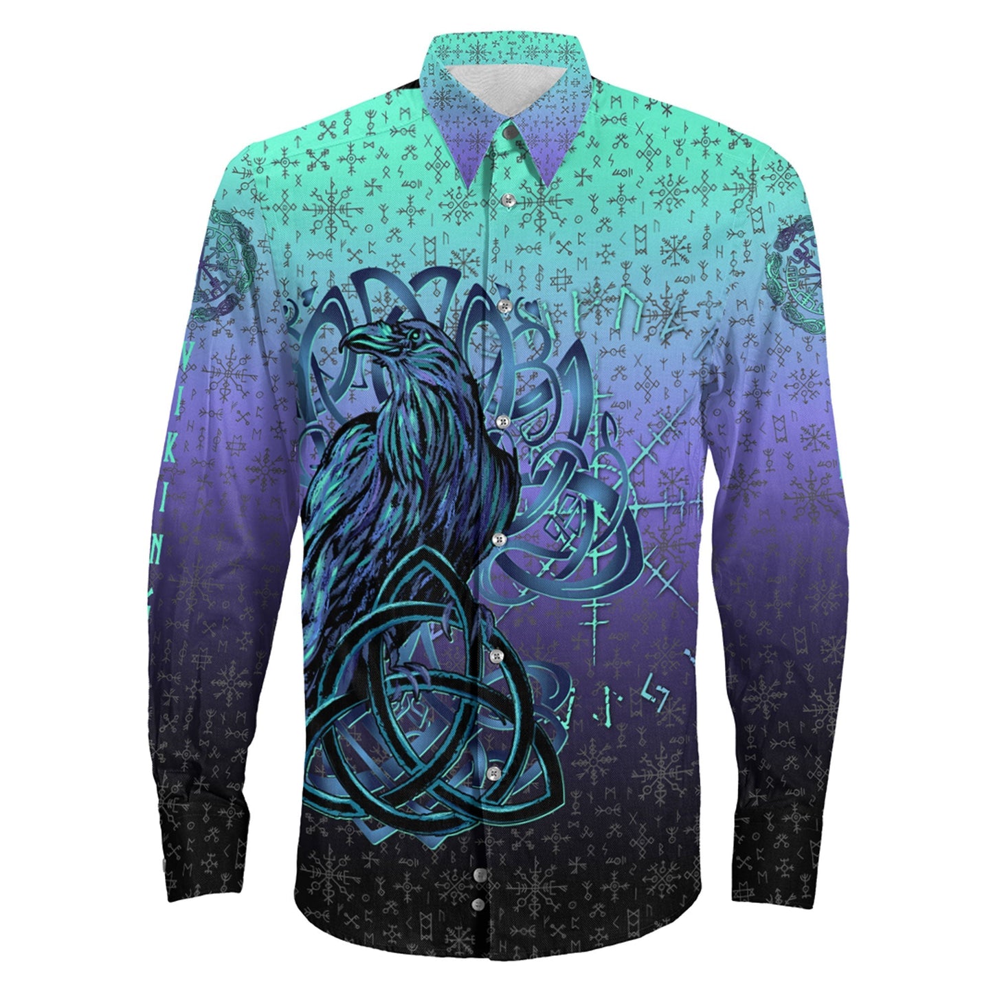 Raven Horn of Odin Cyan Long Sleeve Button Shirt